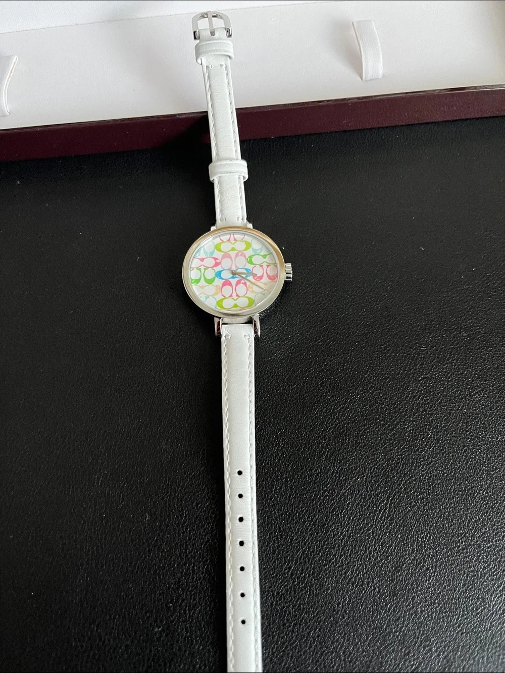 Coach White Leather Strap Watch with Multicolor Logo Dial